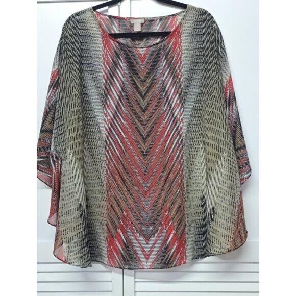 CHICOS Semi-Sheer PONCHO Red / Brown Caftan Top Blouse Artsy Coastal Size L/XL - Picture 6 of 6